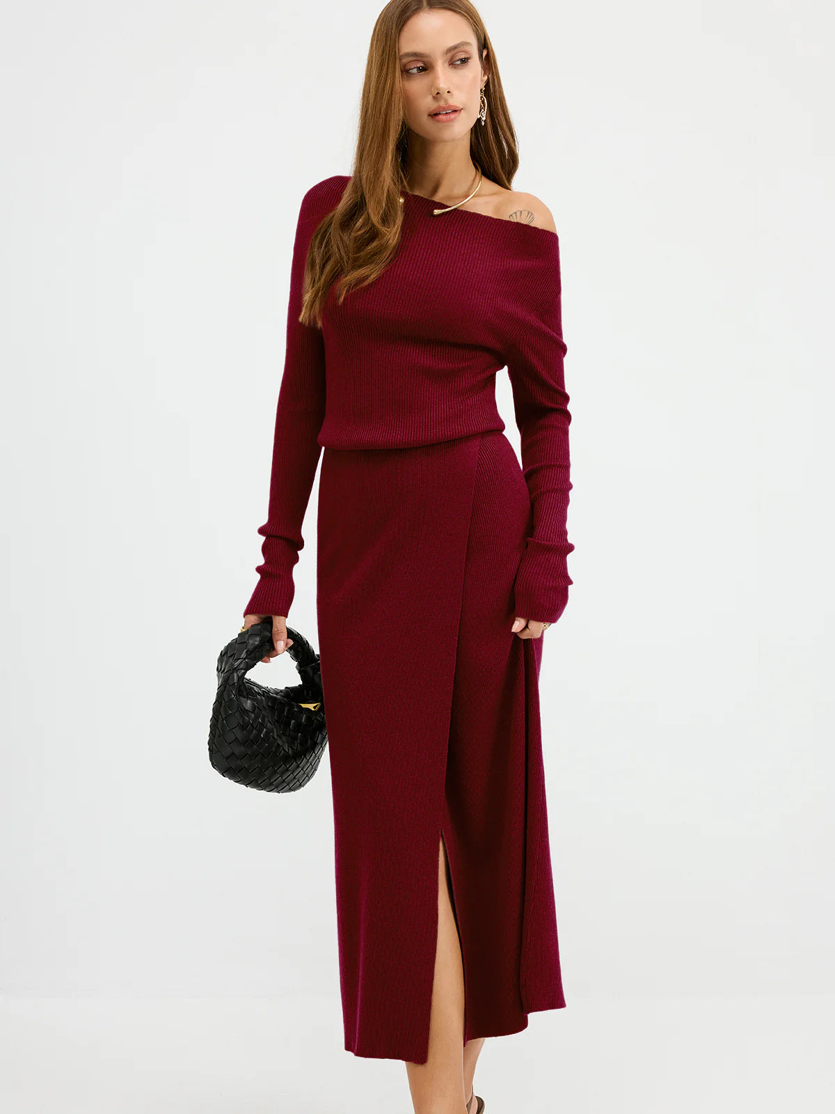 Off-Shoulder Ribbed Wool Blend Maxi Dress