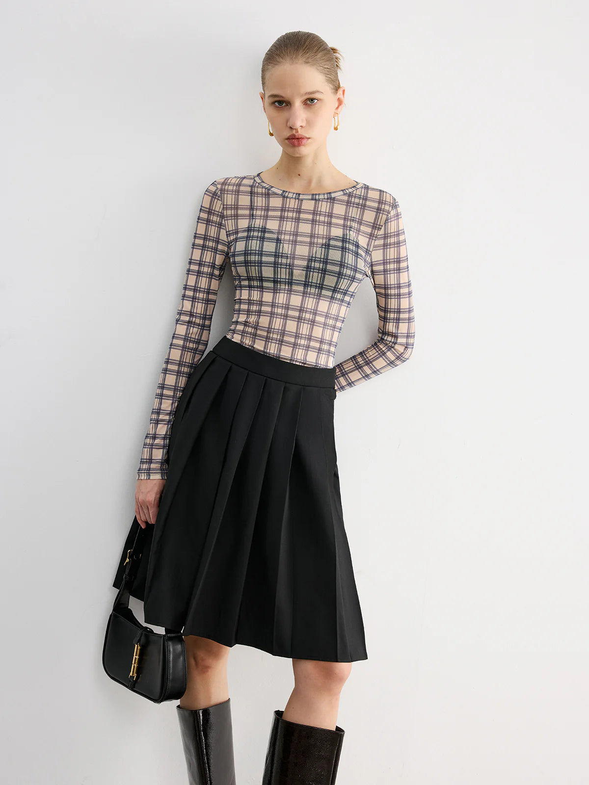Plaid Sheer Long Sleeve Top