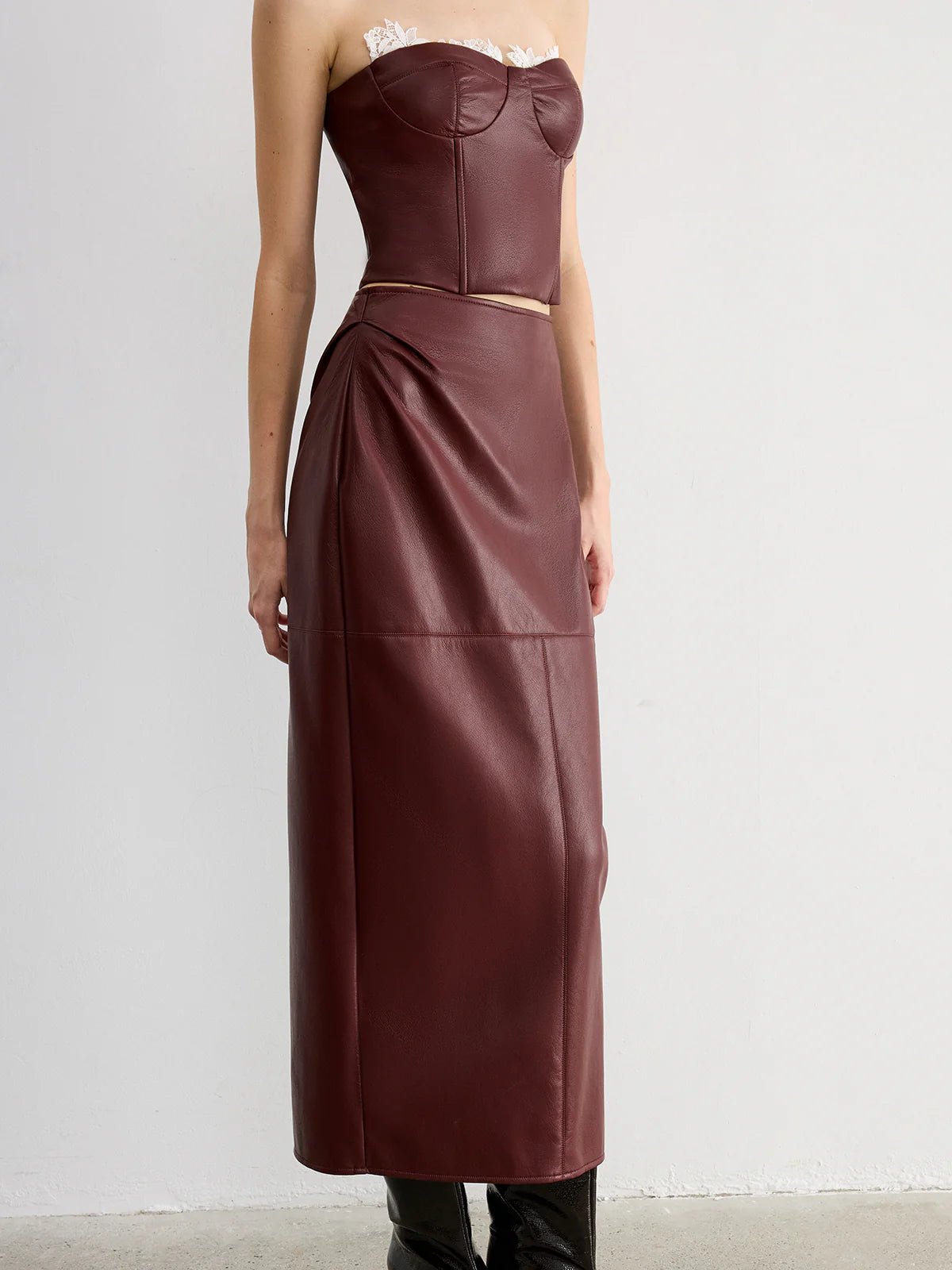 Lace Trim Faux Leather Skirt Set with Removable Straps