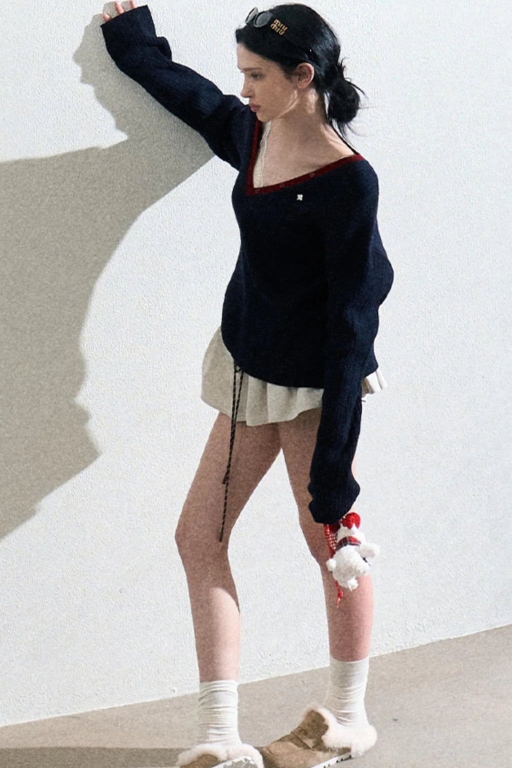 V-Neck Wool Cable Knit Top