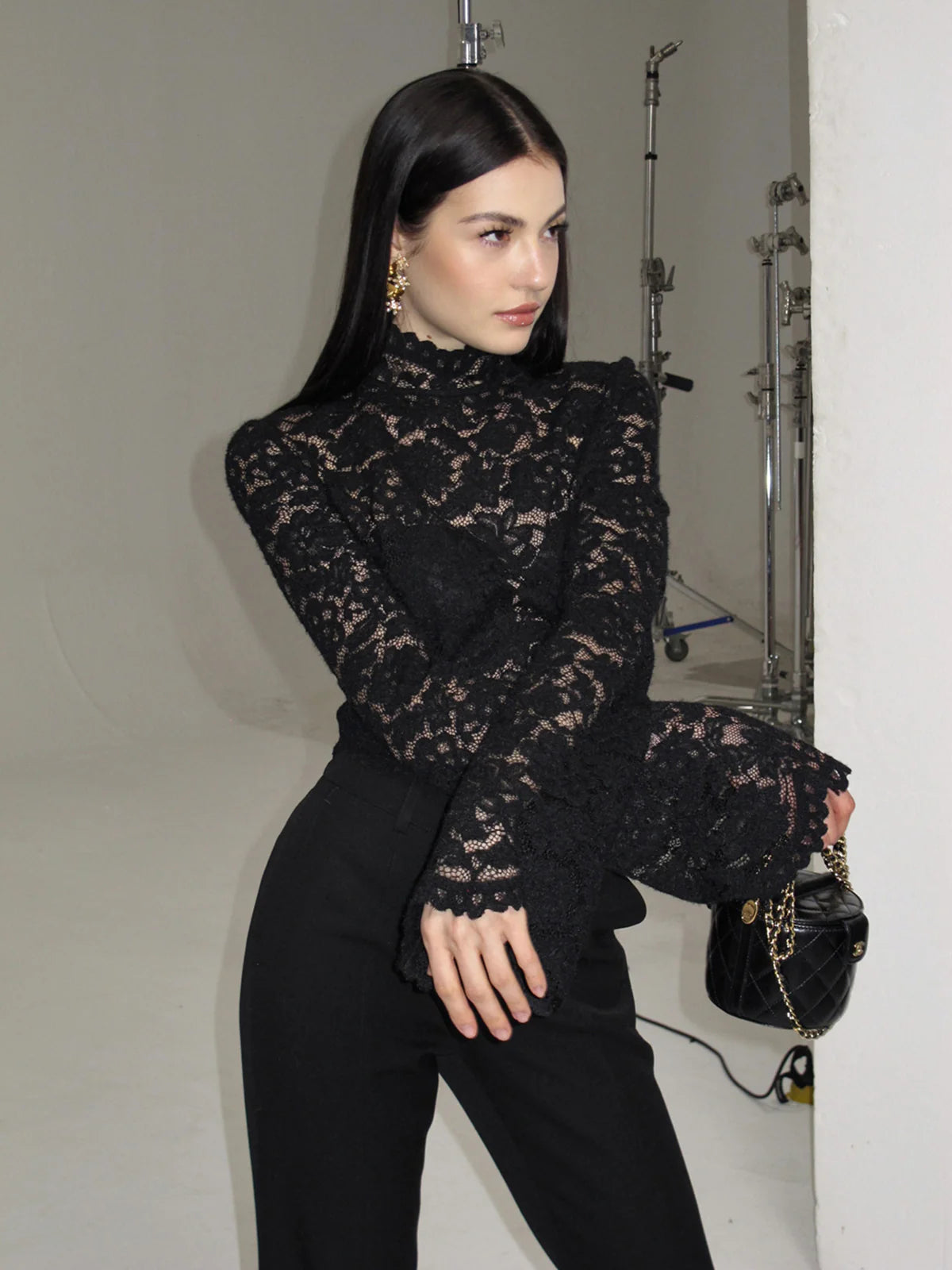 Lace High Neck Bell Sleeve Blouse