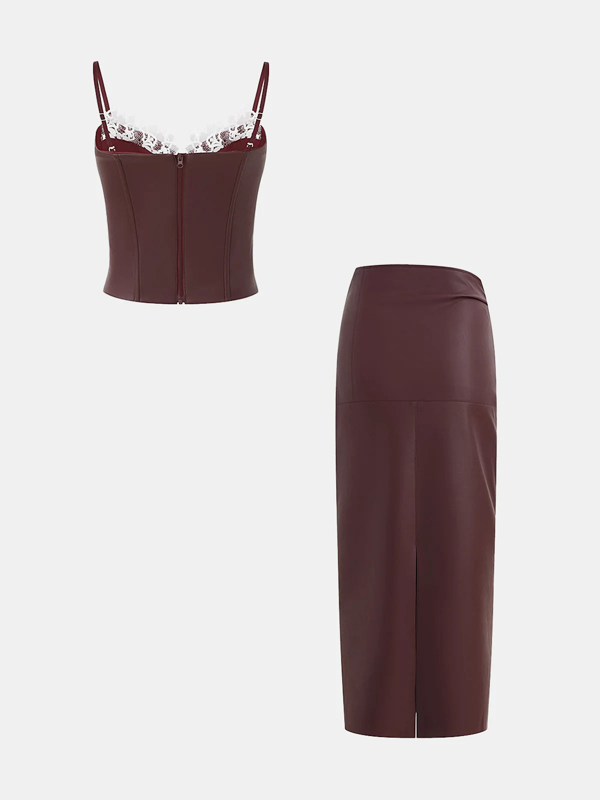 Lace Trim Faux Leather Skirt Set with Removable Straps