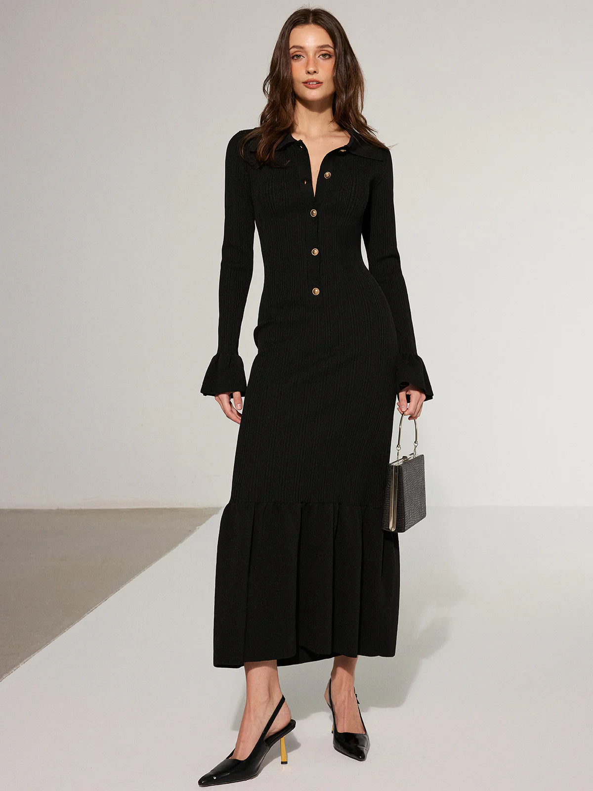 Mermaid Hem Collared Knit Maxi Dress