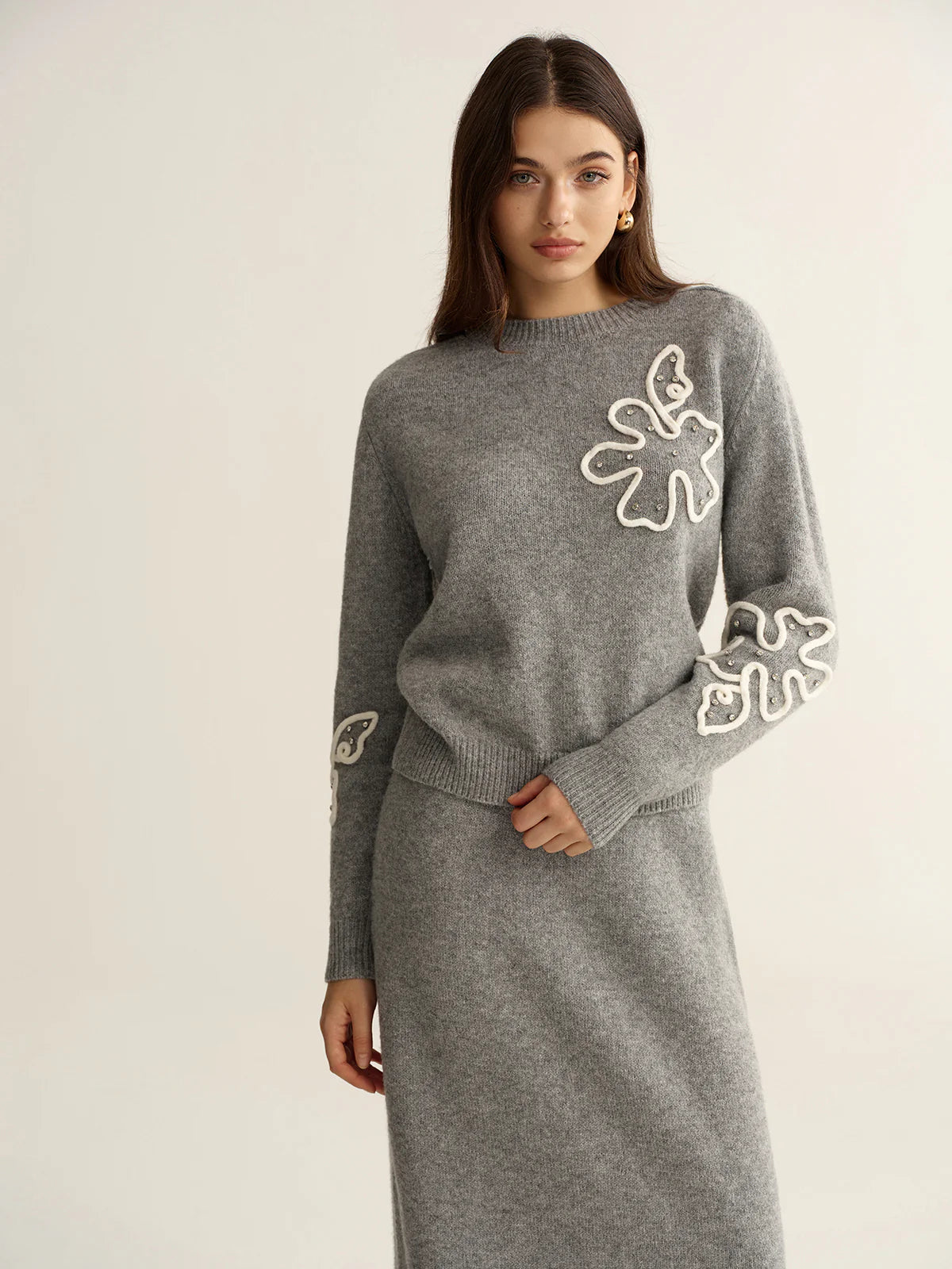 Floral Applique Sweater and Midi Skirt Set