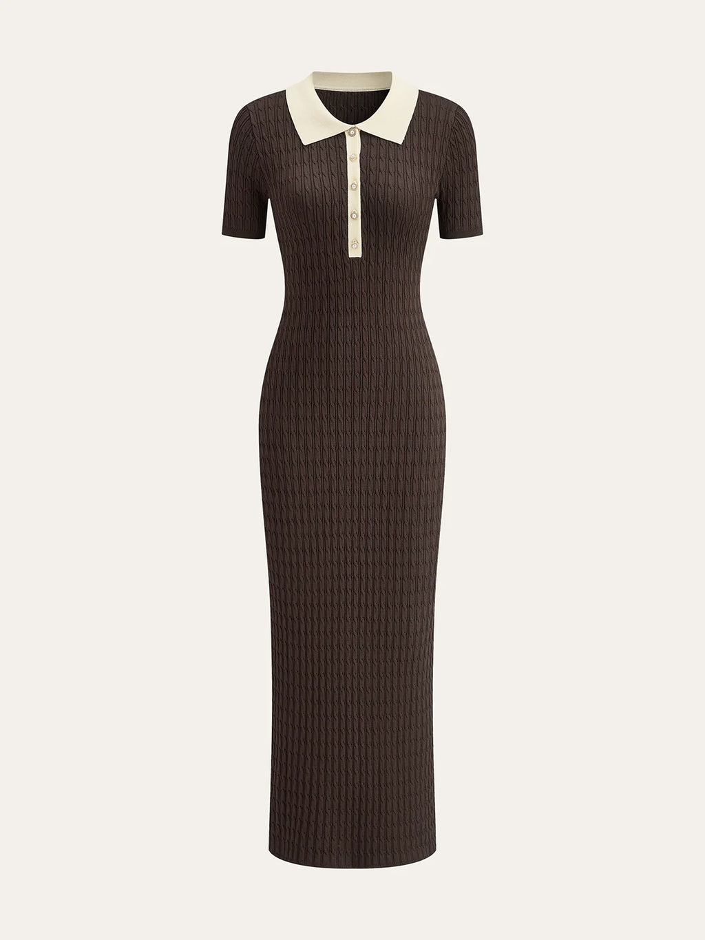 Contrast Collar Cable-Knit Midi Dress