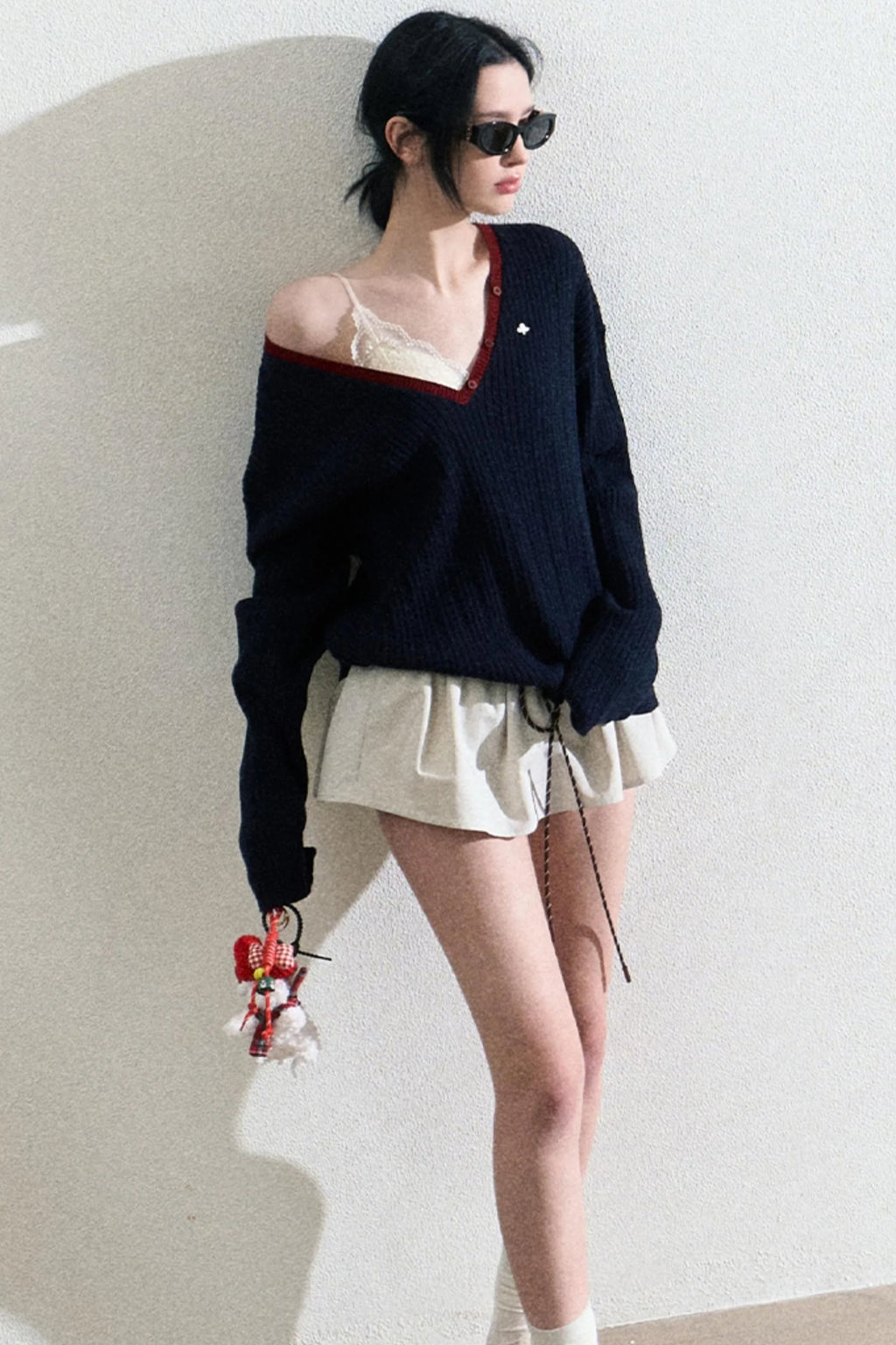 V-Neck Wool Cable Knit Top